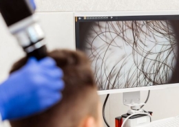 Trichoscopy of hair and scalp closeup. Precise approach to hair and scalp health diagnosis.